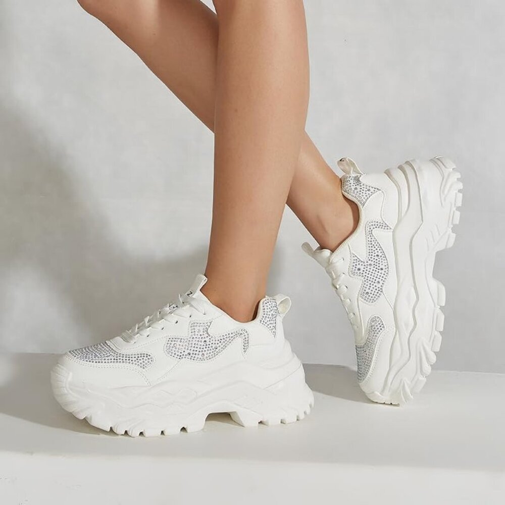 Women White Rhinestone Casual Tennis Lace Up Chunky Sneakers Shoes - Picture 5 of 7